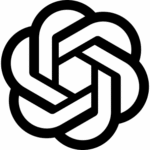 OpenAI logo, a stylized hexagonal knot, representing AI technology.